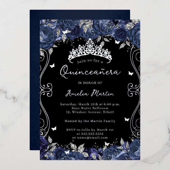 Silver Navy Swirl Scroll Floral Quinceanera  (Front/Back)