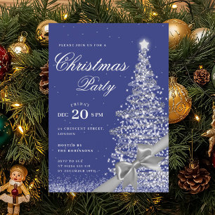 Silver Navy Winter Christmas Tree Bow Holiday Invitation