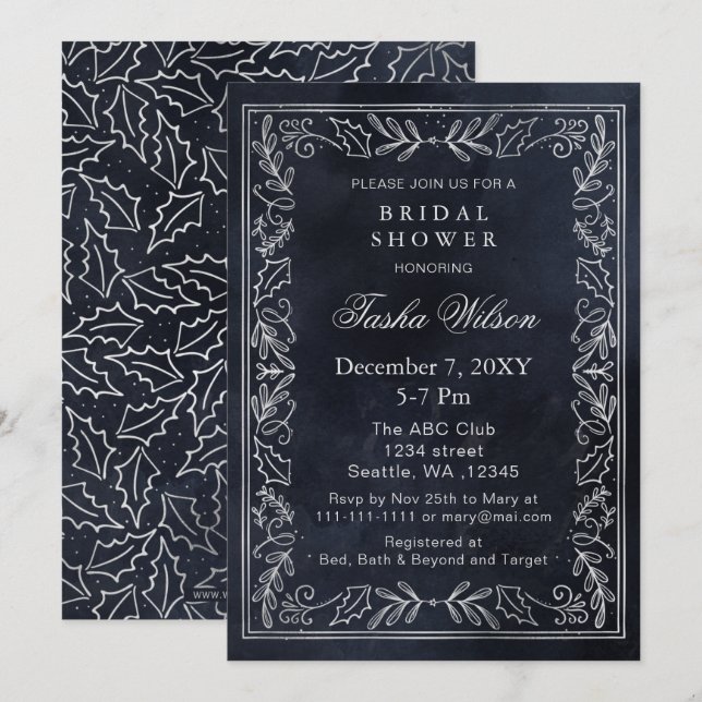Silver Navy Winter Forest Foliage Bridal Shower  Invitation (Front/Back)