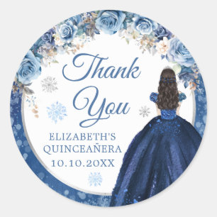 Silver Navy Winter Snowflake Mis Quince Thank You Classic Round Sticker