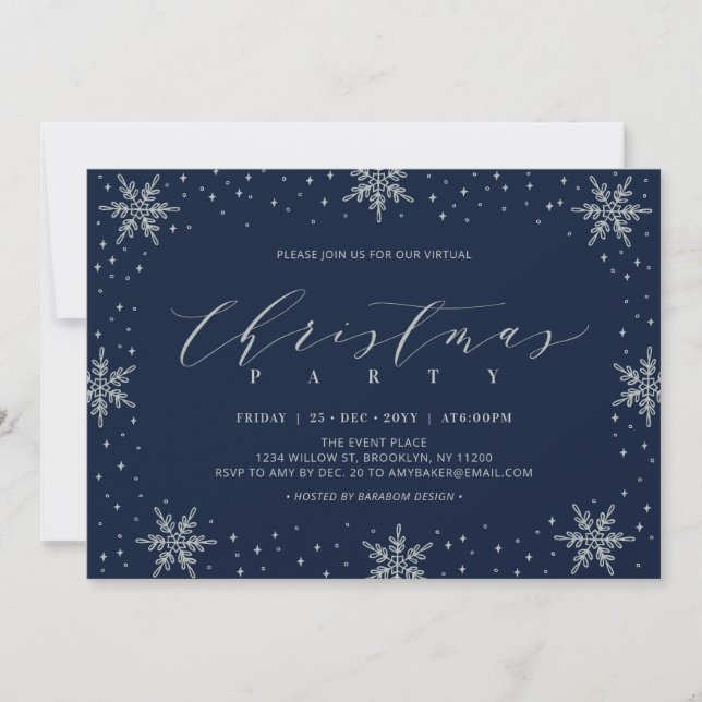 Silver & Navy Winter Virtual Christmas Party Invitation (Front)