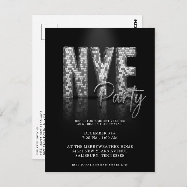 Silver New Years Eve Disco Party Invitation Postcard (Front/Back)