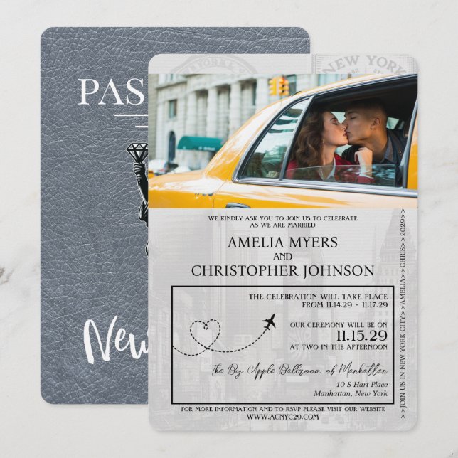 Silver New York City Passport Wedding Invitation (Front/Back)