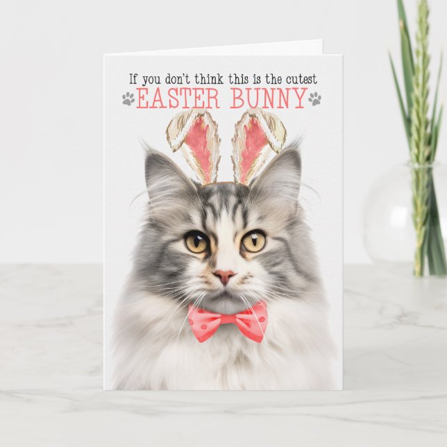 Silver Norwegian Forest Cat Bunny Ears for Easter Holiday Card (Front)
