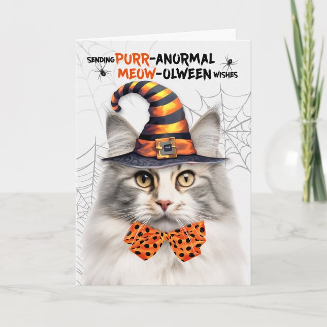 Silver Norwegian Forest PURRanormal MEOWolween Holiday Card (Front)