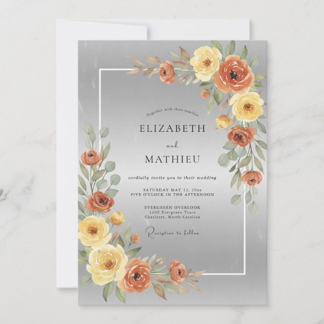 Silver Ochre Watercolor Wedding Invitation (Front)