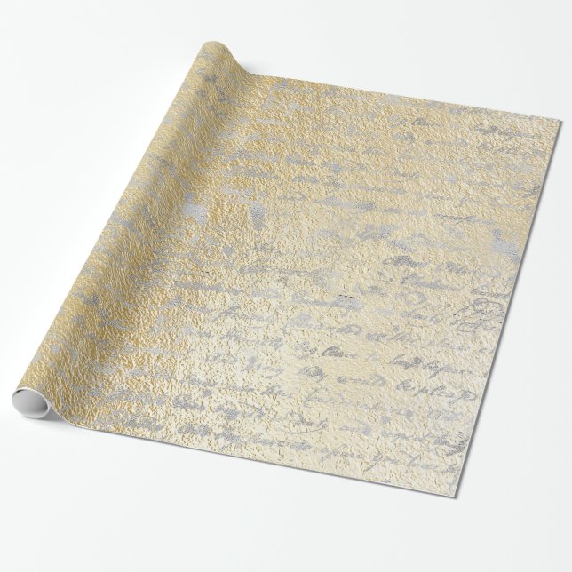 Silver Old Handwriting On Gold Textured Tablet Wrapping Paper (Unrolled)