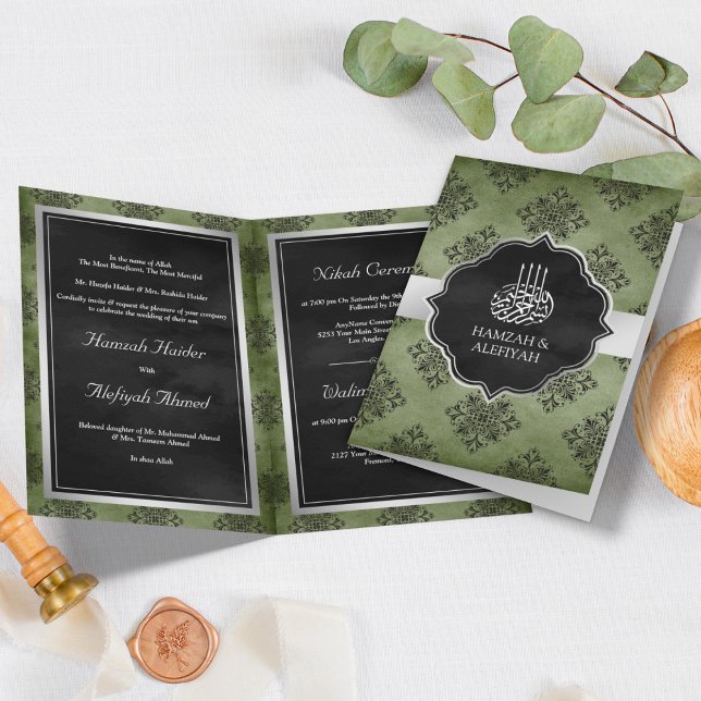 Silver Olive Green Black Damask Muslim Wedding Invitation (Creator Uploaded)