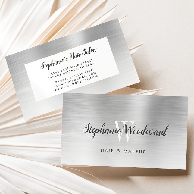 Silver Ombre Brushed Metal Monogram Hair Salon Business Card (Creator Uploaded)