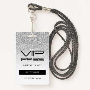 Silver Ombre Glitter Glam VIP Pass 21st Invitation ID Badge