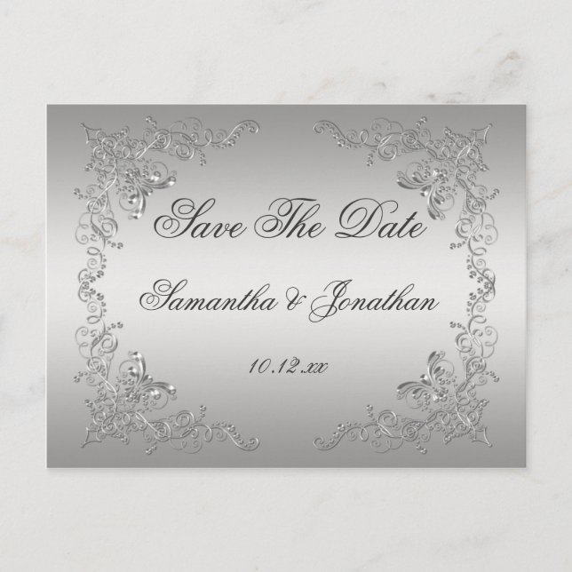 Silver Ombre Ornate Silver Swirls Save The Date Announcement Postcard (Front)