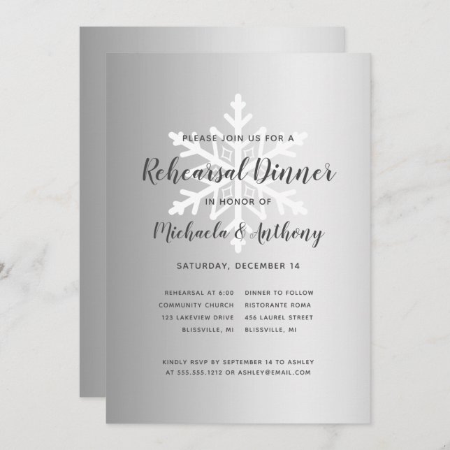 Silver Ombre Snowflake Winter Rehearsal Dinner Invitation (Front/Back)