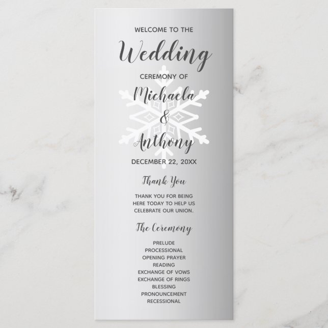 Silver Ombre Snowflake Winter Wedding Programme (Front)