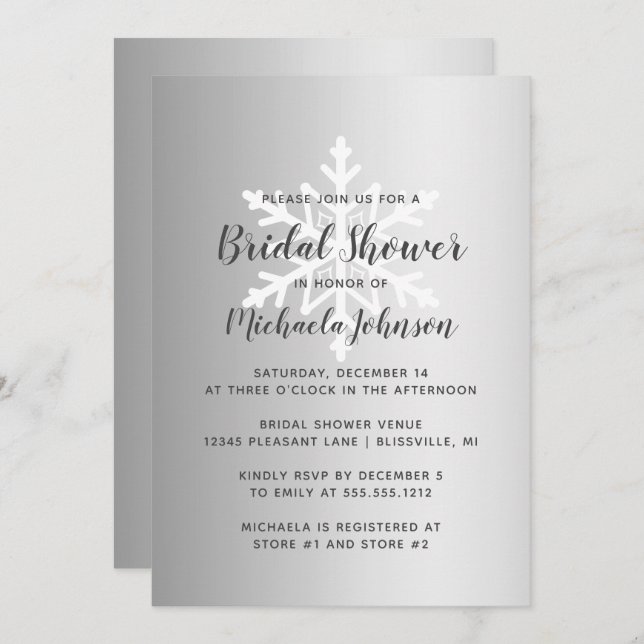 Silver Ombre Winter Snowflake Bridal Shower Invitation (Front/Back)