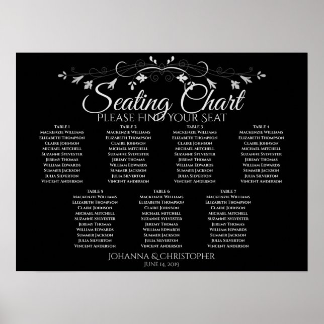 Silver on Black Chic 7 Table Wedding Seating Chart (Front)