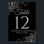 Silver on Black Elegant Filigree Wedding Table Number<br><div class="desc">Make your wedding reception beautiful with these table number cards. They feature a simple yet elegant design with pale grey text on a black background with a frilly silver faux foil floral filigree in the corners.</div>