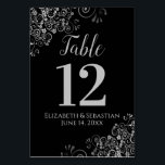 Silver on Black Elegant Frilly Wedding Table Number<br><div class="desc">These beautiful wedding table number cards feature a simple yet elegant design with light grey script calligraphy on a black background with a frilly silver faux foil floral filigree in the corners. Perfect way to make your wedding reception beautiful and help your guests find the right table at the same...</div>