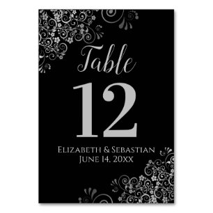 Silver on Black Elegant Frilly Wedding Table Number