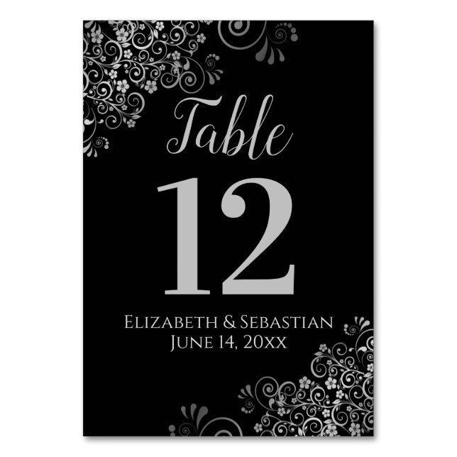 Silver on Black Elegant Frilly Wedding Table Number (Front)
