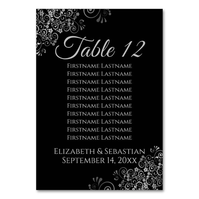Silver on Black Elegant Wedding Seating Chart Table Number (Front)