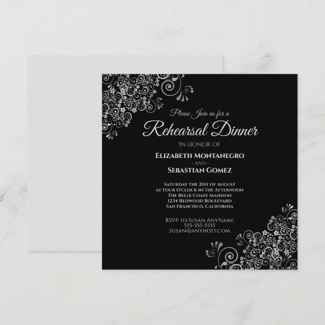 Silver on Black Square Wedding Rehearsal Dinner Invitation (Front/Back)