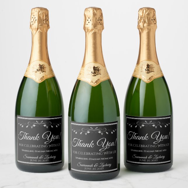 Silver on Black Wedding Sparkling Wine Bottle Than Label (Bottles)
