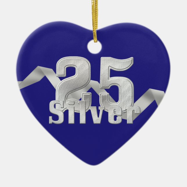 Silver on Blue 25th Anniversary Ceramic Tree Decoration (Front)