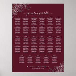 Silver on Burgundy 29 Table Wedding Seating Chart