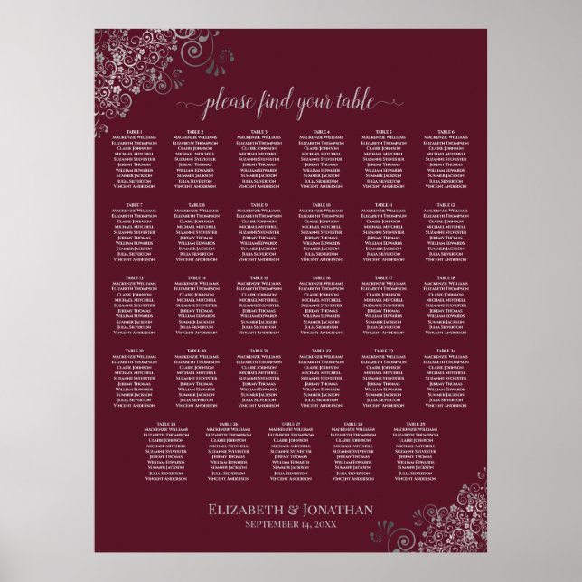 Silver on Burgundy 29 Table Wedding Seating Chart (Front)