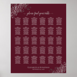 Silver on Burgundy 30 Table Wedding Seating Chart