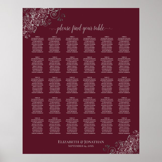 Silver on Burgundy 30 Table Wedding Seating Chart (Front)