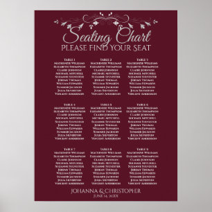 Silver on Burgundy 9 Table Wedding Seating Chart