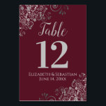 Silver on Burgundy Elegant Frilly Wedding Table Number<br><div class="desc">These beautiful wedding table number cards feature a simple yet elegant design with light grey script calligraphy on a burgundy or maroon background with a frilly silver faux foil floral filigree in the corners. Perfect way to make your wedding reception beautiful and help your guests find the right table at...</div>