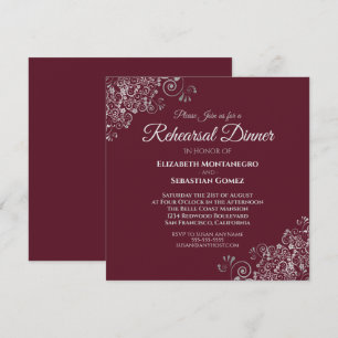 Silver on Burgundy Square Wedding Rehearsal Dinner Invitation