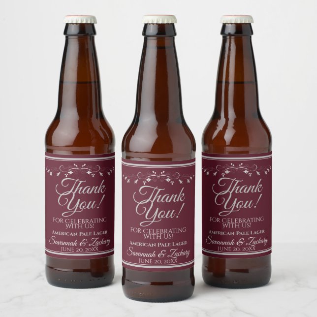 Silver on Burgundy Wedding Thank You Beer Bottle Label (Bottles)