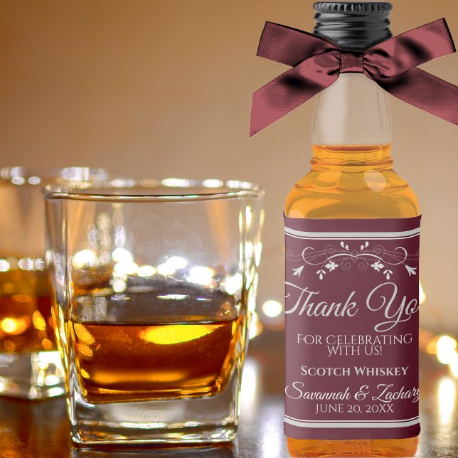 Silver on Burgundy Wedding Thank You Mini Liquor Bottle Label (Creator Uploaded)