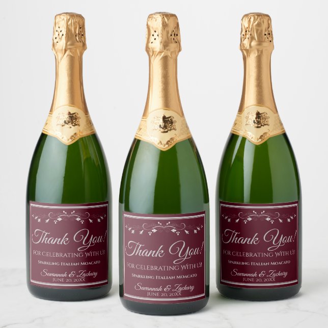 Silver on Burgundy Wedding Thank You Sparkling Wine Label (Bottles)