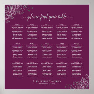 Silver on Cassis 15 Table Wedding Seating Chart