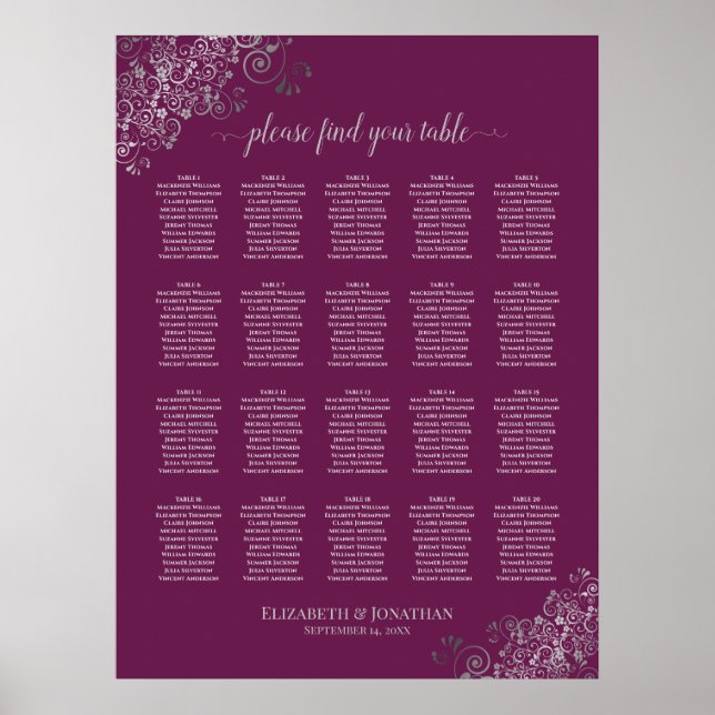 Silver on Cassis 20 Table Wedding Seating Chart (Front)