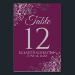 Silver on Cassis Purple Elegant Filigree Wedding Table Number<br><div class="desc">Make your wedding reception beautiful with these table number cards. They feature a simple yet elegant design with pale grey text on a magenta or cassis purple background with a frilly silver faux foil floral filigree in the corners.</div>