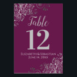 Silver on Cassis Purple Elegant Frilly Wedding Table Number<br><div class="desc">These beautiful wedding table number cards feature a simple yet elegant design with light grey script calligraphy on a cassis purple or magenta coloured background with a frilly silver faux foil floral filigree in the corners. Perfect way to make your wedding reception beautiful and help your guests find the right...</div>