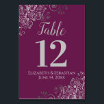Silver on Cassis Purple Elegant Frilly Wedding Table Number<br><div class="desc">These beautiful wedding table number cards feature a simple yet elegant design with light grey script calligraphy on a cassis purple or magenta coloured background with a frilly silver faux foil floral filigree in the corners. Perfect way to make your wedding reception beautiful and help your guests find the right...</div>