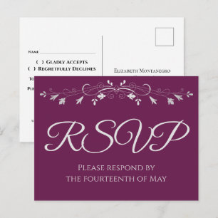 Silver on Cassis Purple Elegant Wedding RSVP Postcard