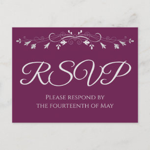 Silver on Cassis Purple Elegant Wedding RSVP Postcard