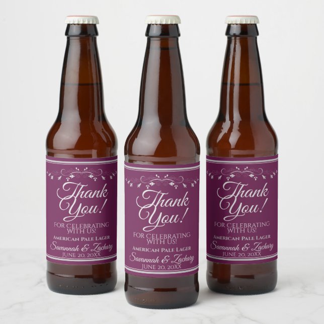 Silver on Cassis Wedding Beer Bottle Thank You Beer Bottle Label (Bottles)
