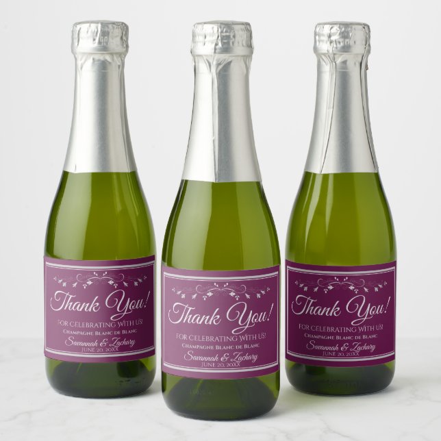 Silver on Cassis Wedding Thank You Mini Bottle Sparkling Wine Label (Bottles)