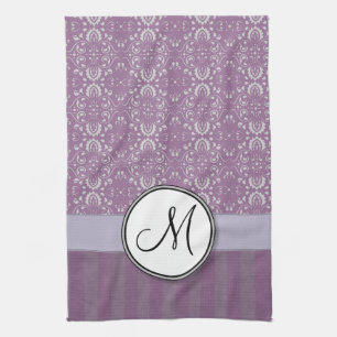 Silver on Lavender Damask with Stripes & Monogram Tea Towel