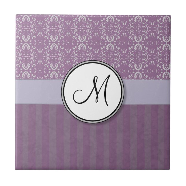 Silver on Lavender Damask with Stripes & Monogram Tile (Front)