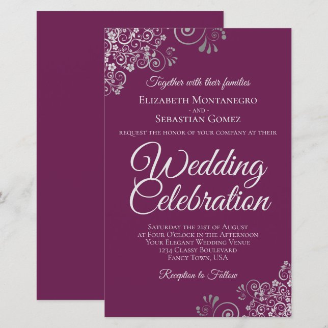 Silver on Magenta BUDGET Wedding Invite Large (Front/Back)