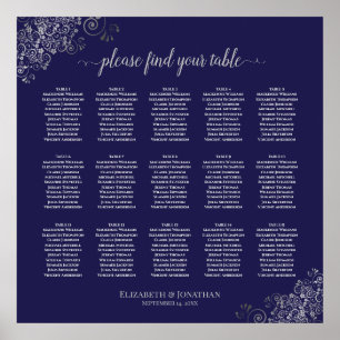 Silver on Navy Blue 15 Table Wedding Seating Chart